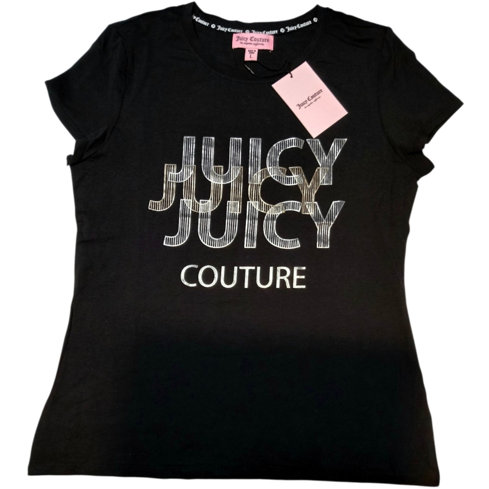 Juicy Couture Black and Silver Metallic Logo Graphic Tee NWT Size Large